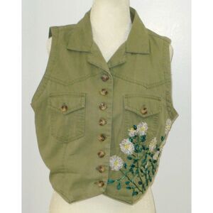 ST John's Bay Women Green Top Sleeveless Cotton Floral Applique Size M Petite